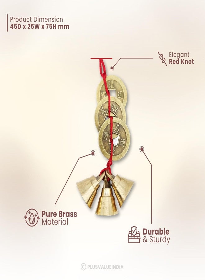 Plus Value Fengshui Vastu Lucky Brass Hanging 3 Bell Three Chinese Coins Main Entrance Door Hanging for Home & Office Decor, Attract Wealth, Prosperity Spiritual Gifting, Cute Miniature Decor - Image 3